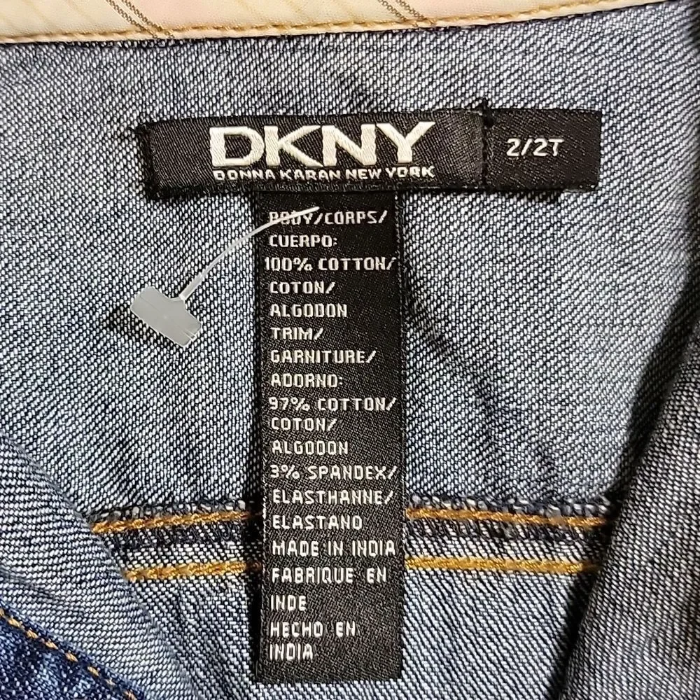 DKNY DENIM BELTED DRESS WITH PLEATED SKIRT AND PEARL BUTTONS, SIZE 2/2T - NEW!
